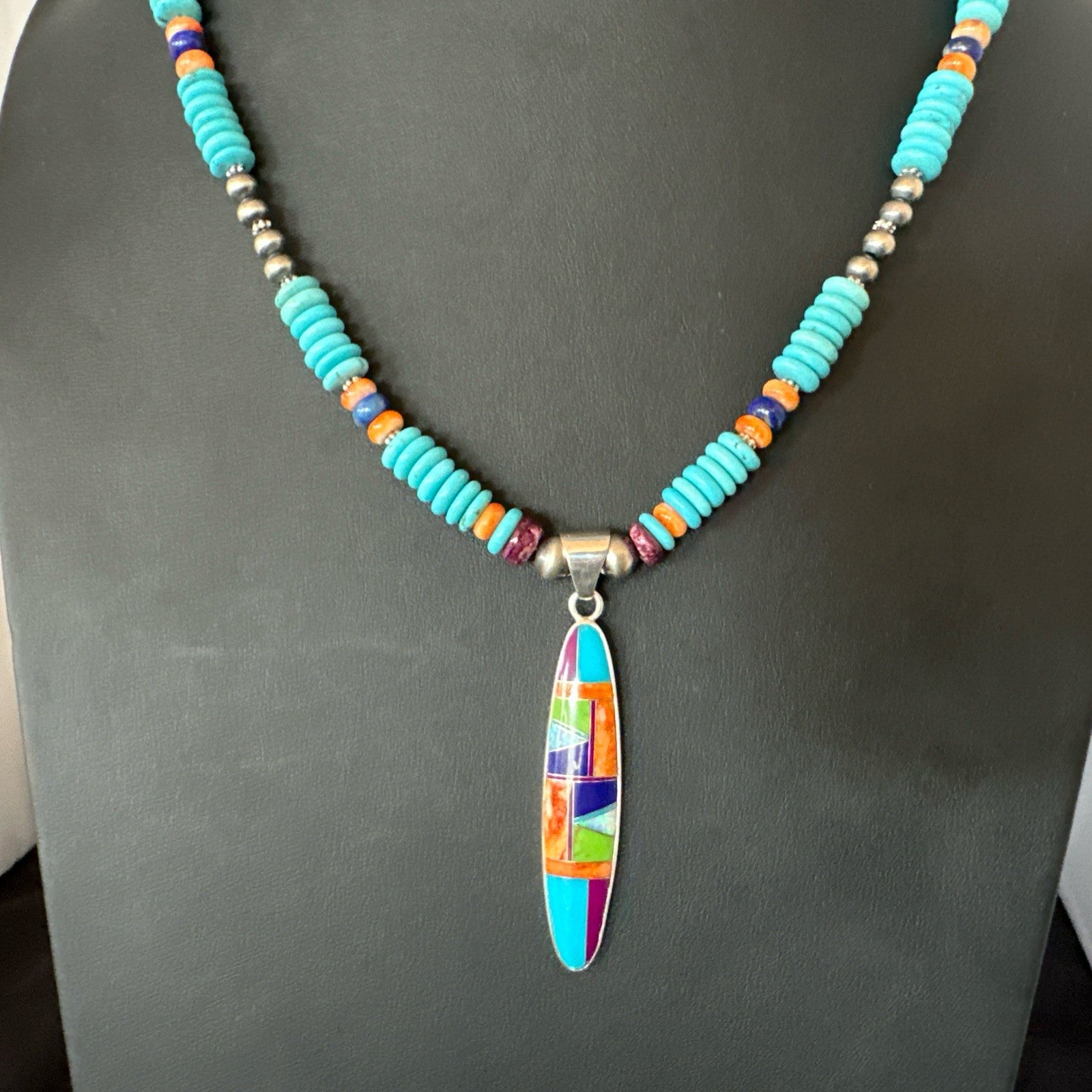 Multicolor Turquoise Spiny Navajo Sterling Silver Inlay Pendant Necklace 19644