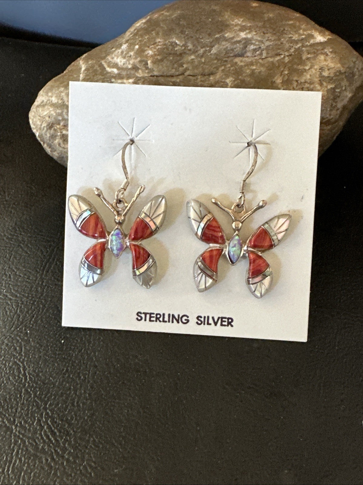 Butterfly Multicolor Red Spiny MOP Inlay Sterling Silver Earrings 19817
