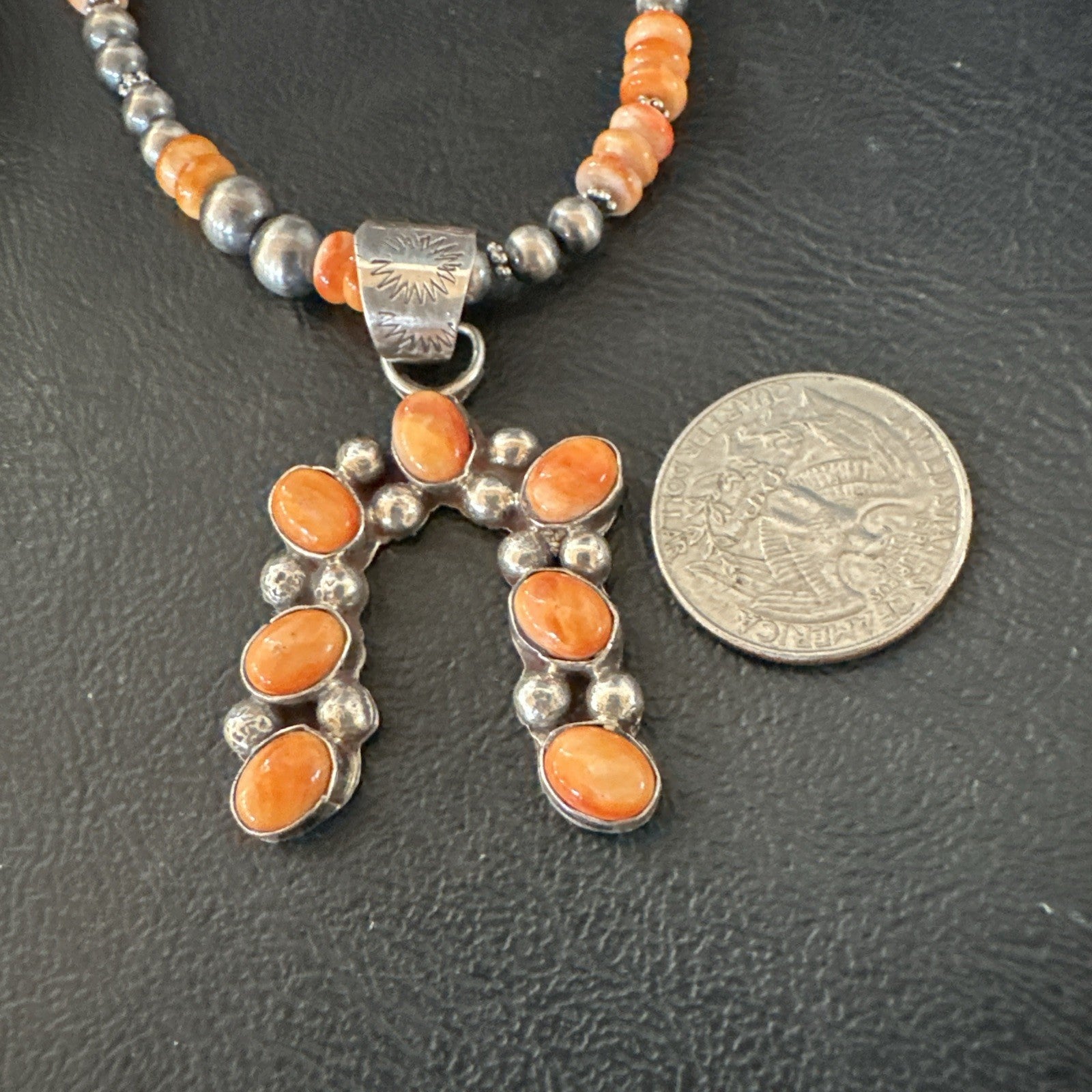 Orange Spiny Oyster Naja Pendant Navajo Pearls Sterling Silver Necklace 19669