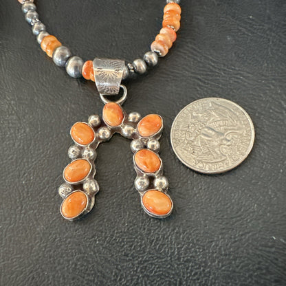 Orange Spiny Oyster Naja Pendant Navajo Pearls Sterling Silver Necklace 19669
