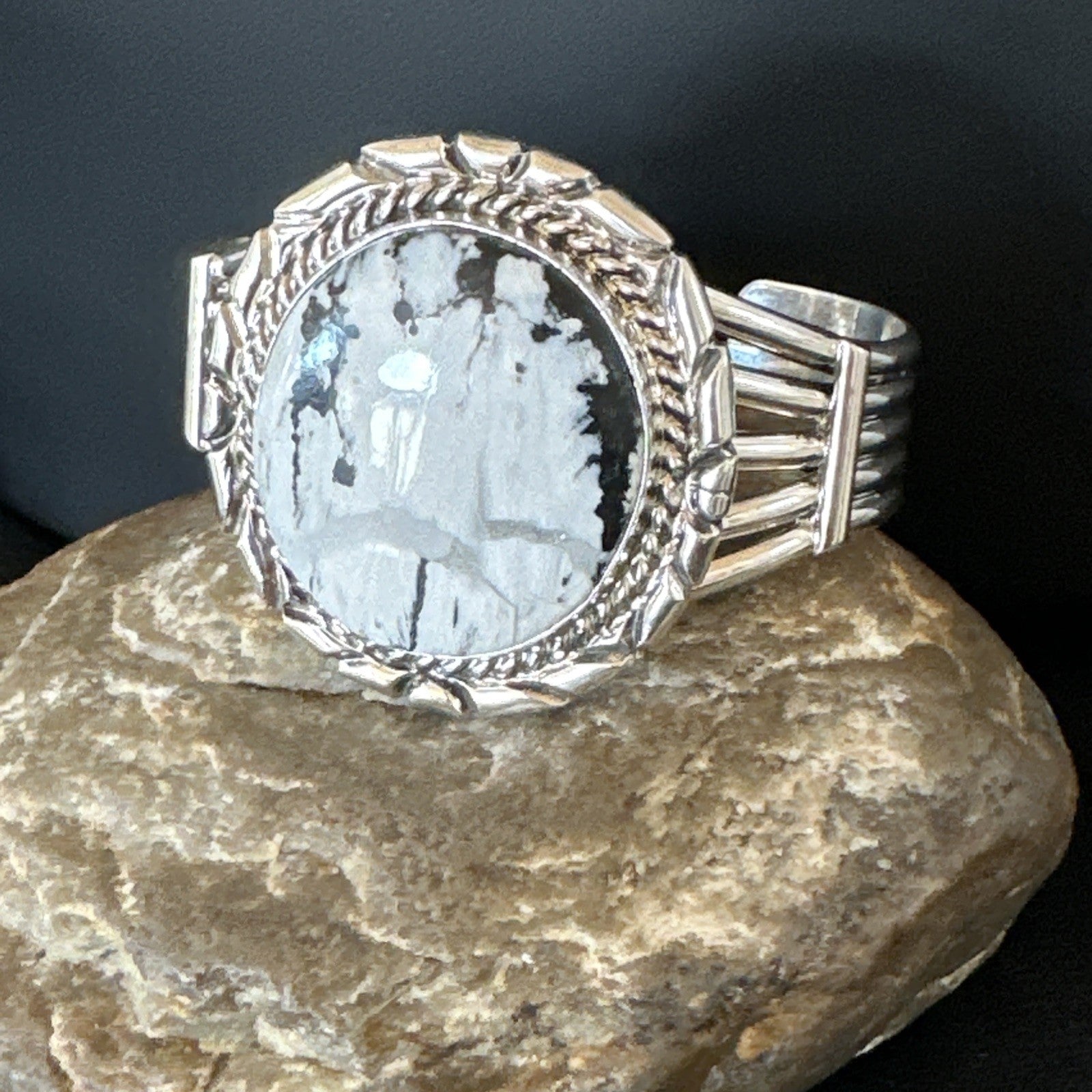 White Buffalo Turquoise Navajo Sterling Silver Cuff Bracelet 19279