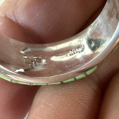 Womens Rare Green Gaspeite Sterling Silver Band Inlay Ring Size 9.5 19148