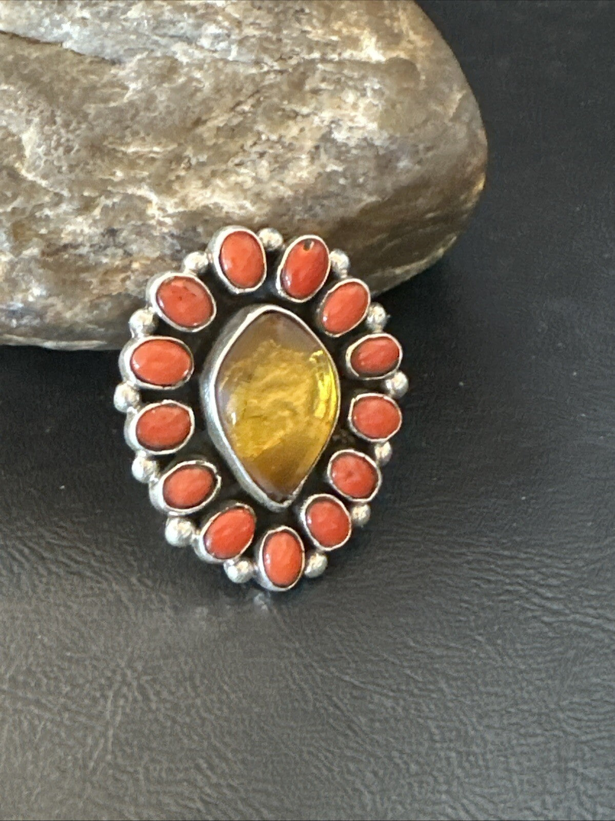 Golden Amber Red Coral Navajo Sterling Silver Cluster Ring Size 6 18563