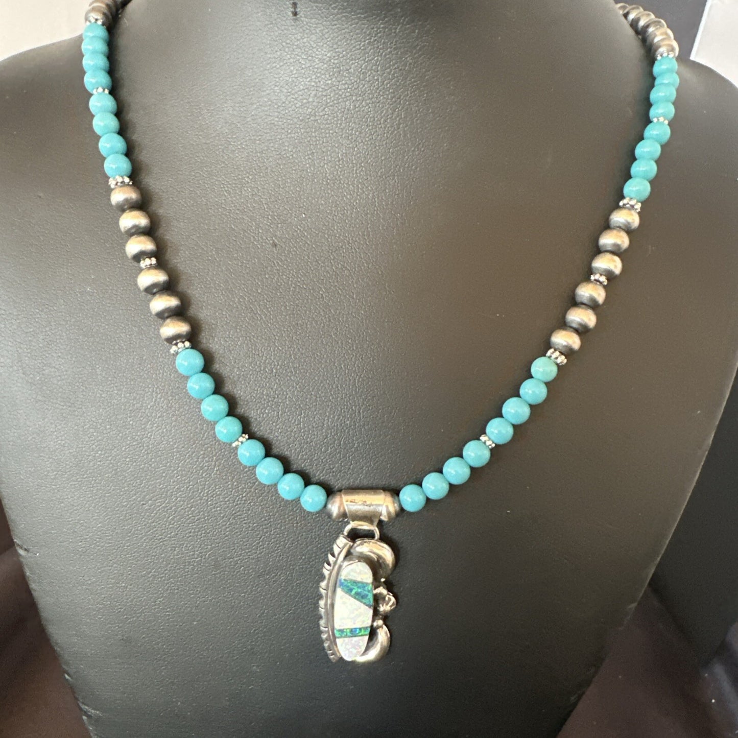 Blue Opal Pendant Turquoise Navajo Sterling Silver Necklace 23" 18735