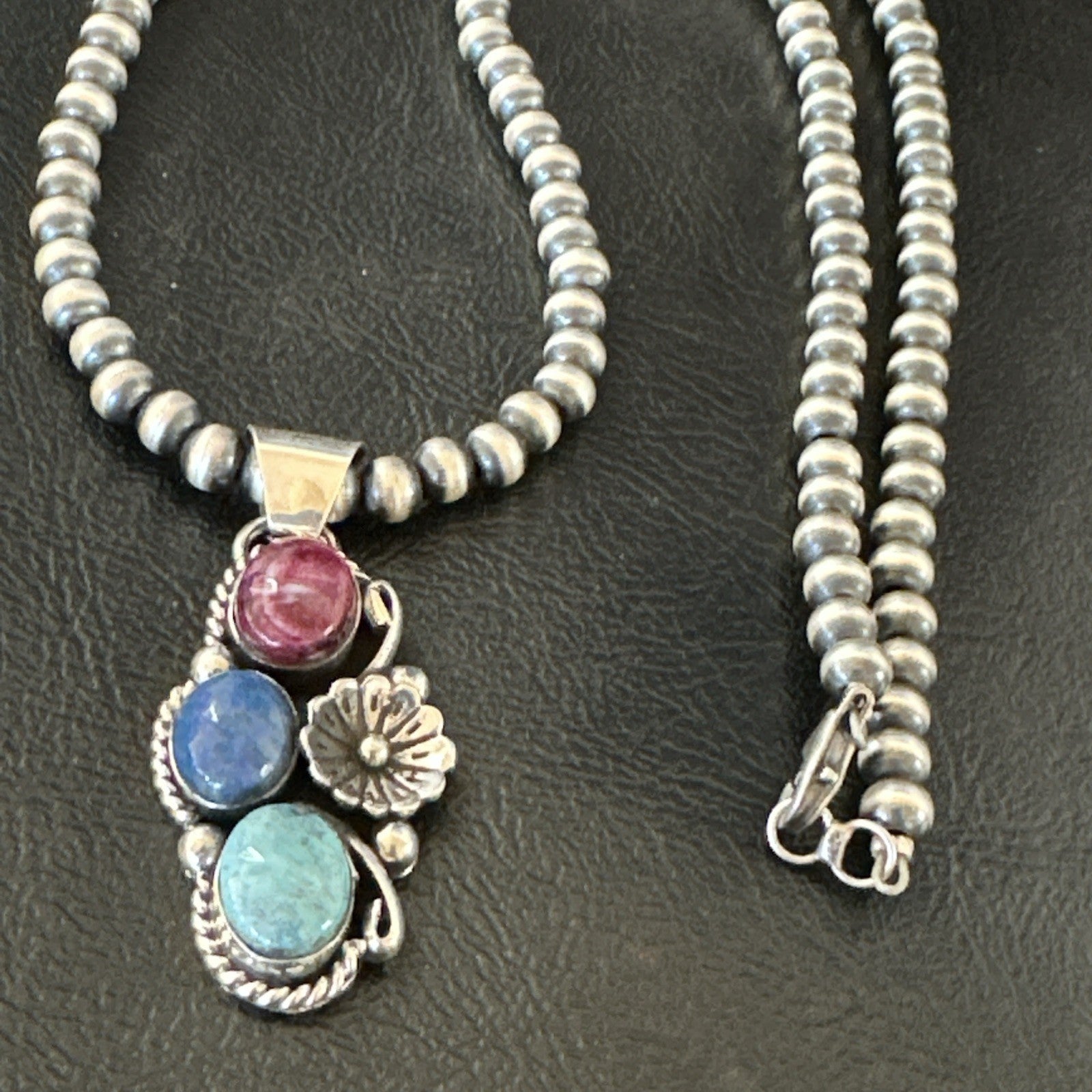 Multicolor Turquoise Spiny Navajo Sterling Silver Cluster Pendant Necklace 19312