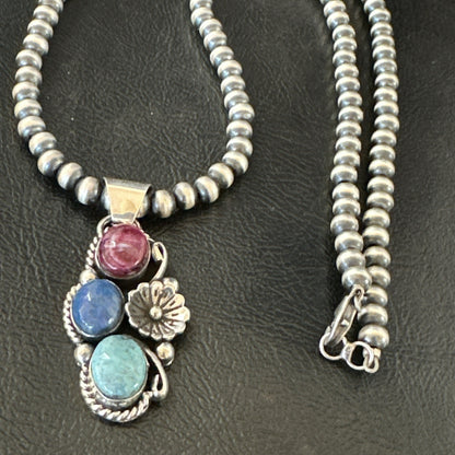 Multicolor Turquoise Spiny Navajo Sterling Silver Cluster Pendant Necklace 19312