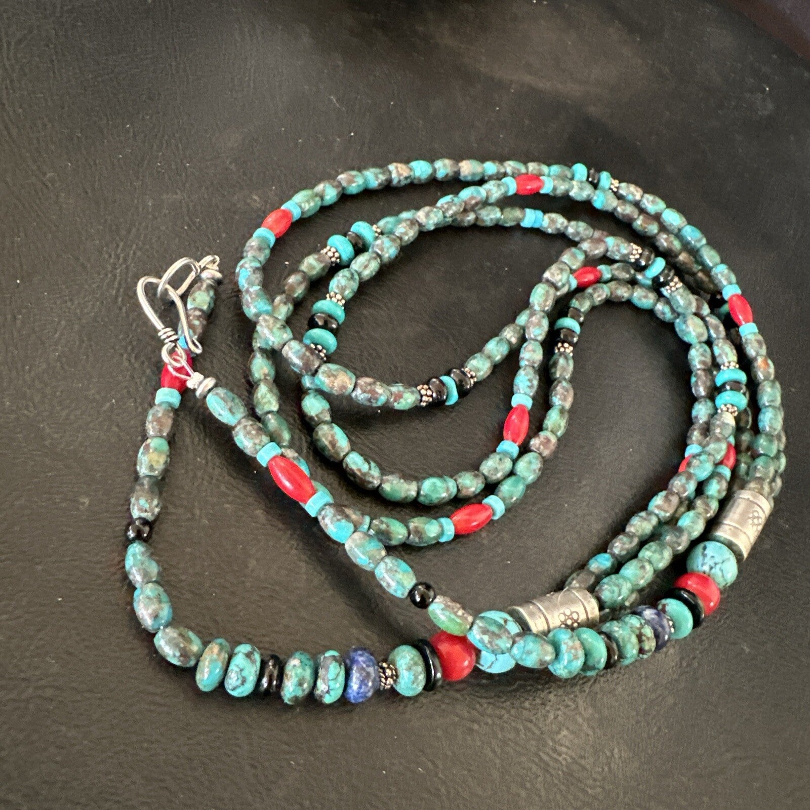 Mens Blue Spiderweb Turquoise Tube 3S Navajo Sterling Silver Necklace 30” 17886