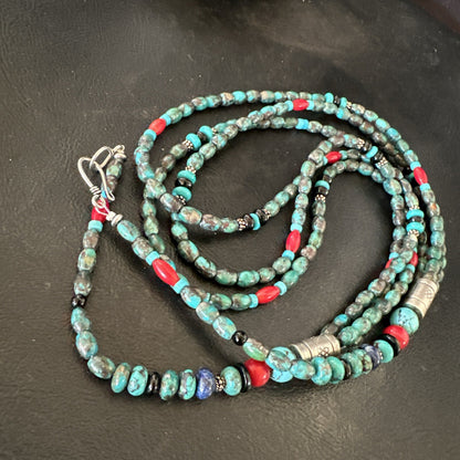 Mens Blue Spiderweb Turquoise Tube 3S Navajo Sterling Silver Necklace 30” 17886