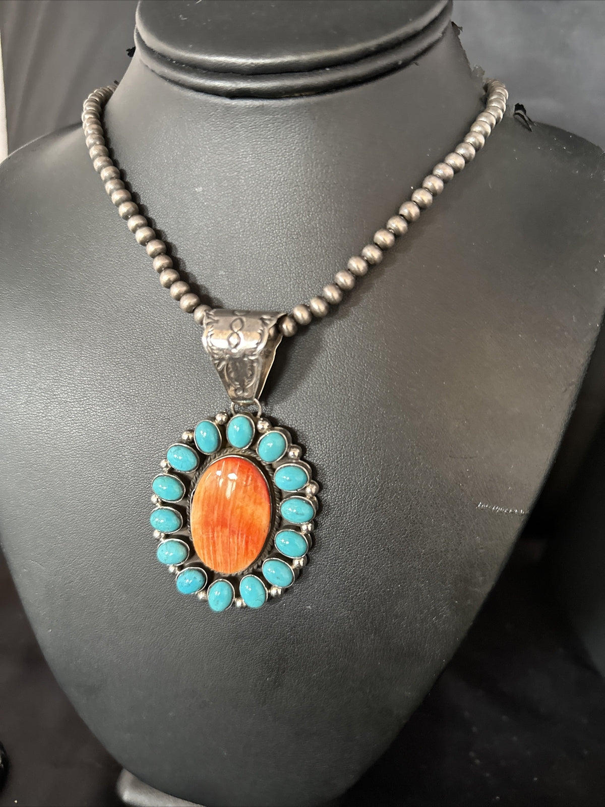 Blue Cluster Kingman Turquoise Sterling Orange Spiny Oyster Pendant 14278