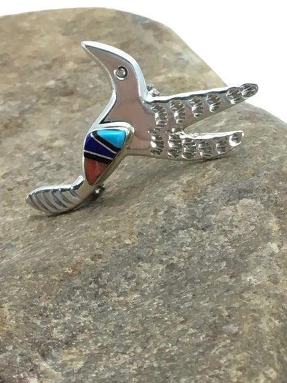 Turquoise Lapis & Coral Hummingbird Inlay Pin Navajo Sterling Silver 02900