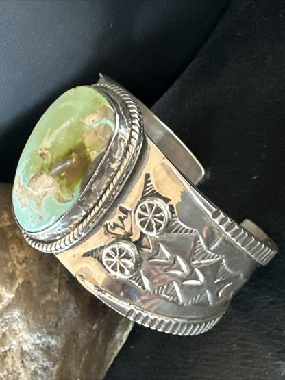 Navajo Women Green Royston Turquoise Stamped Sterling Silver Cuff Bracelet 17865