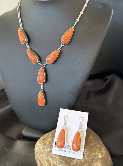 Apple Sponge Coral Lariat Necklace Pendant Earrings Sterling Silver 16” 18973