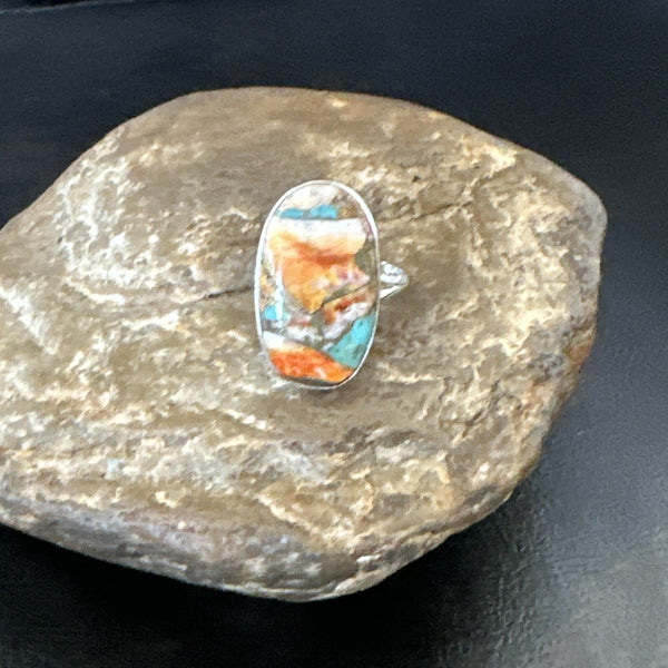 Blue Turquoise Spiny Oyster Navajo Ring Size 8 | Sterling Silver | Authentic Native American Handmade | 18252
