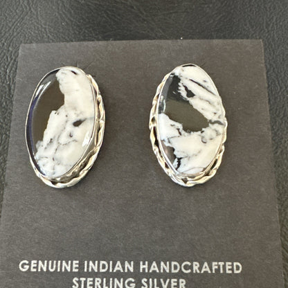Women White Buffalo Turquoise Navajo Sterling Silver Post Earrings 19096