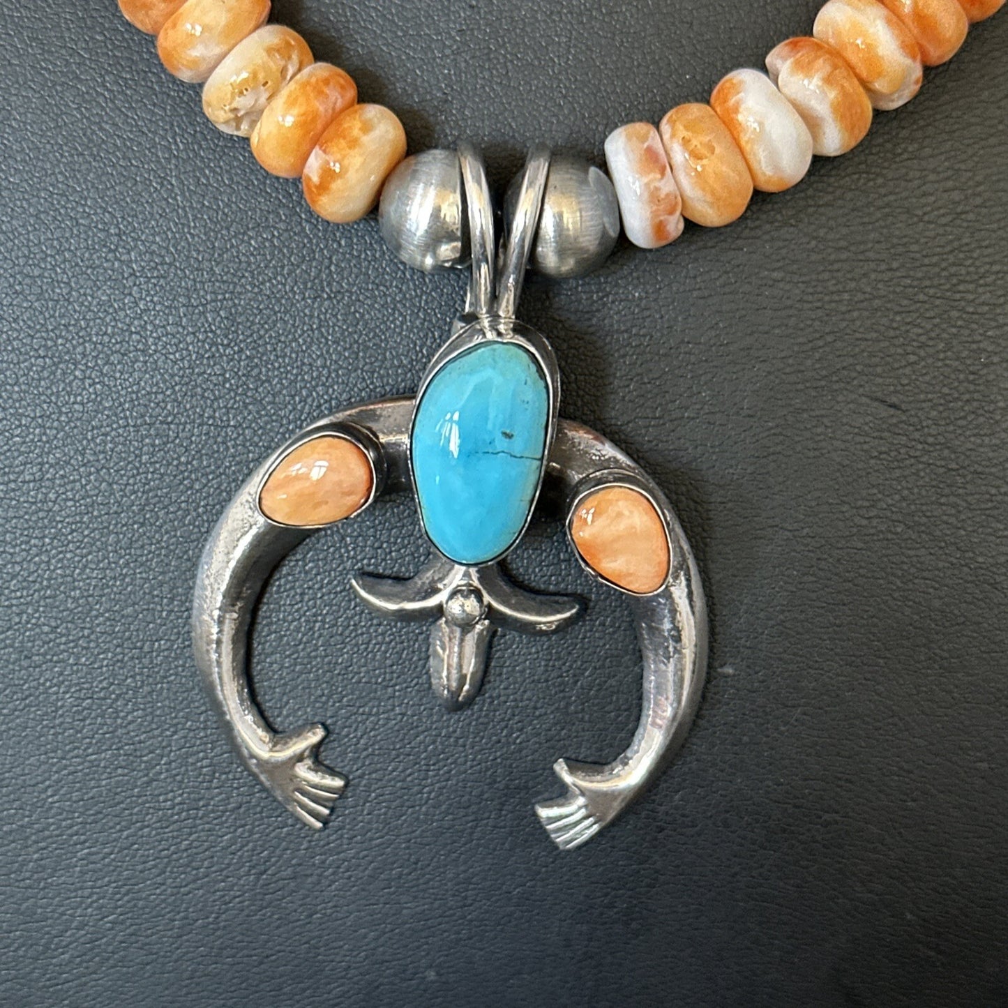 Blue Turquoise & Spiny Oyster Naja Pendant Navajo Sterling Silver Necklace 14811