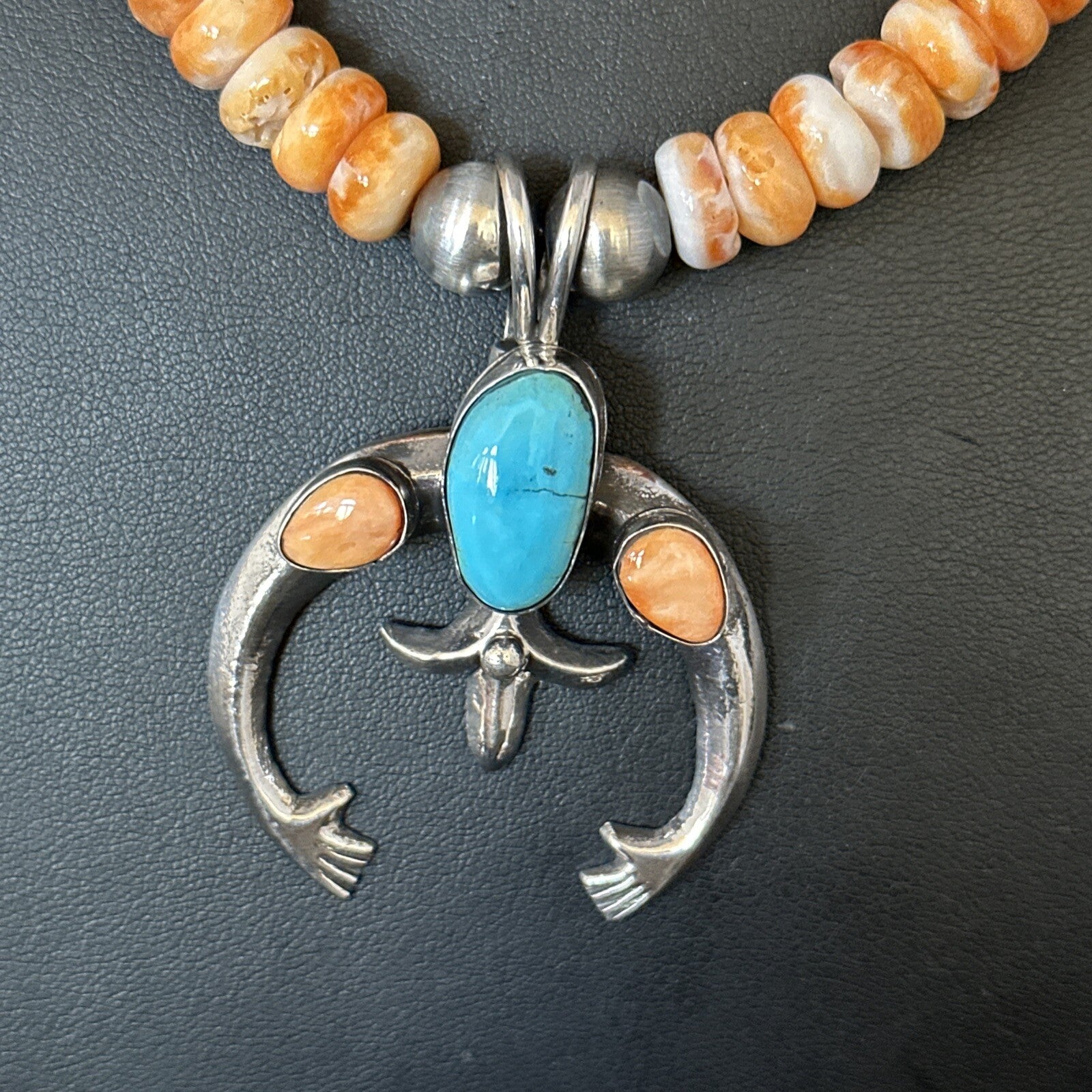 Blue Turquoise & Spiny Oyster Naja Pendant Navajo Sterling Silver Necklace 14811