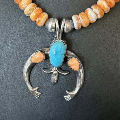 Blue Turquoise & Spiny Oyster Naja Pendant Navajo Sterling Silver Necklace 14811