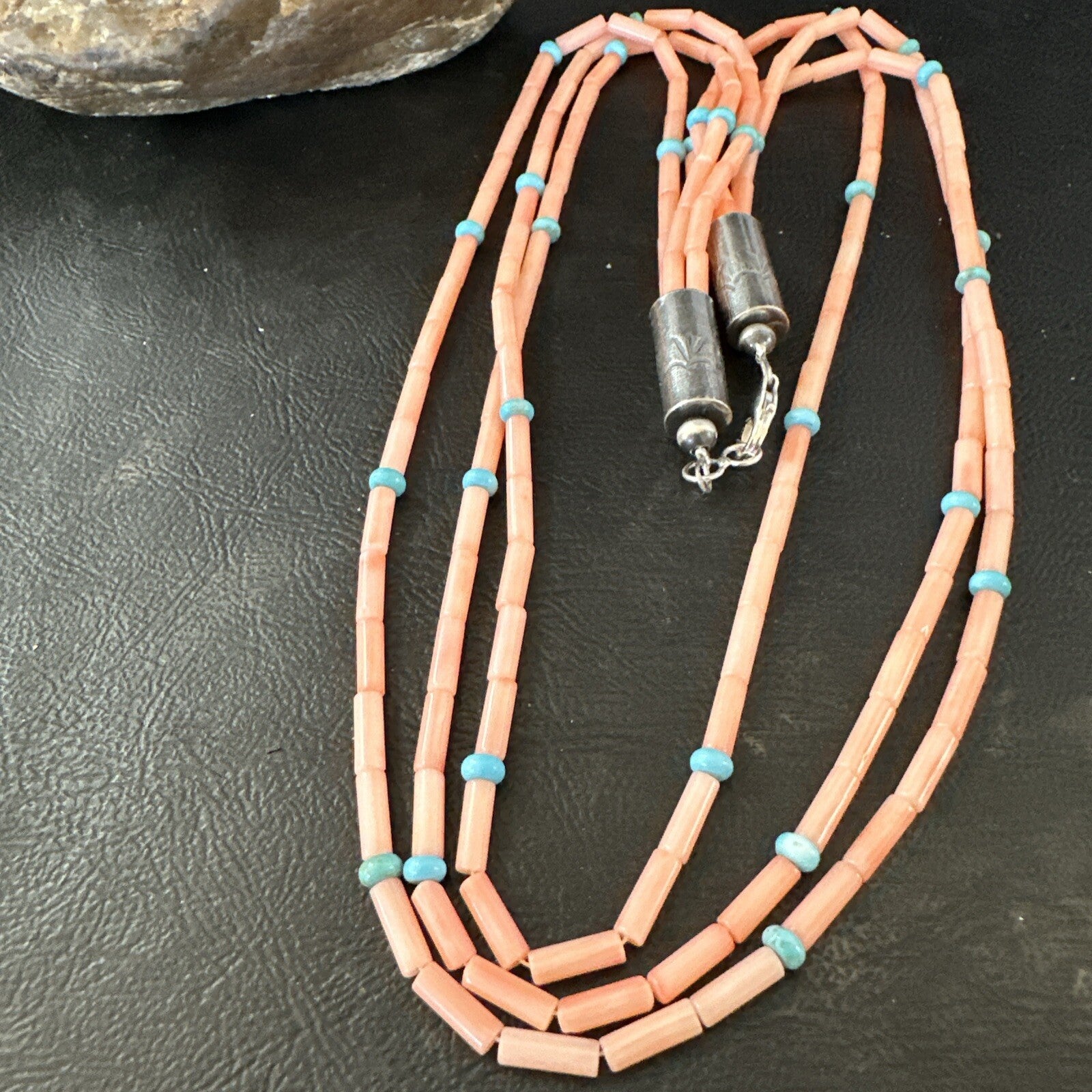 Native American Turquoise Pink Coral Sterling Silver 3 Strand Necklace 21" 17816