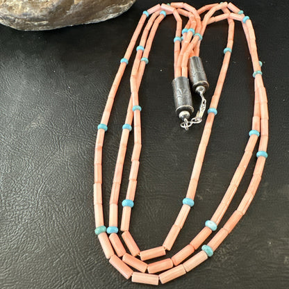 Native American Turquoise Pink Coral Sterling Silver 3 Strand Necklace 21" 17816