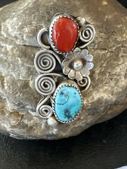 Cluster Kingman Turquoise Purple Spiny Navajo Sterling Silver Ring Sz 6.5 19765