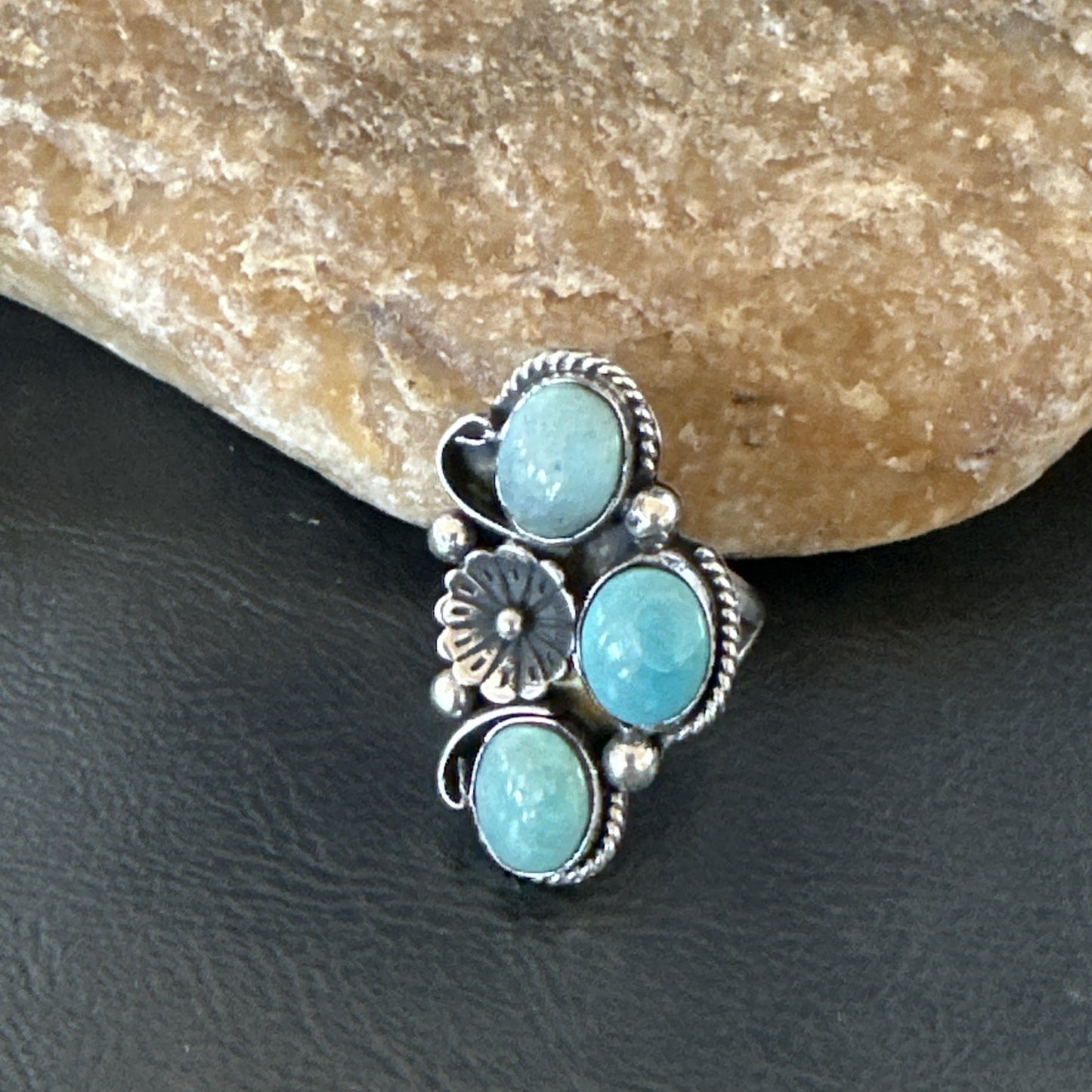Yazzie Ring Green Turquoise Navajo Sterling Silver Cluster Size 8 19222