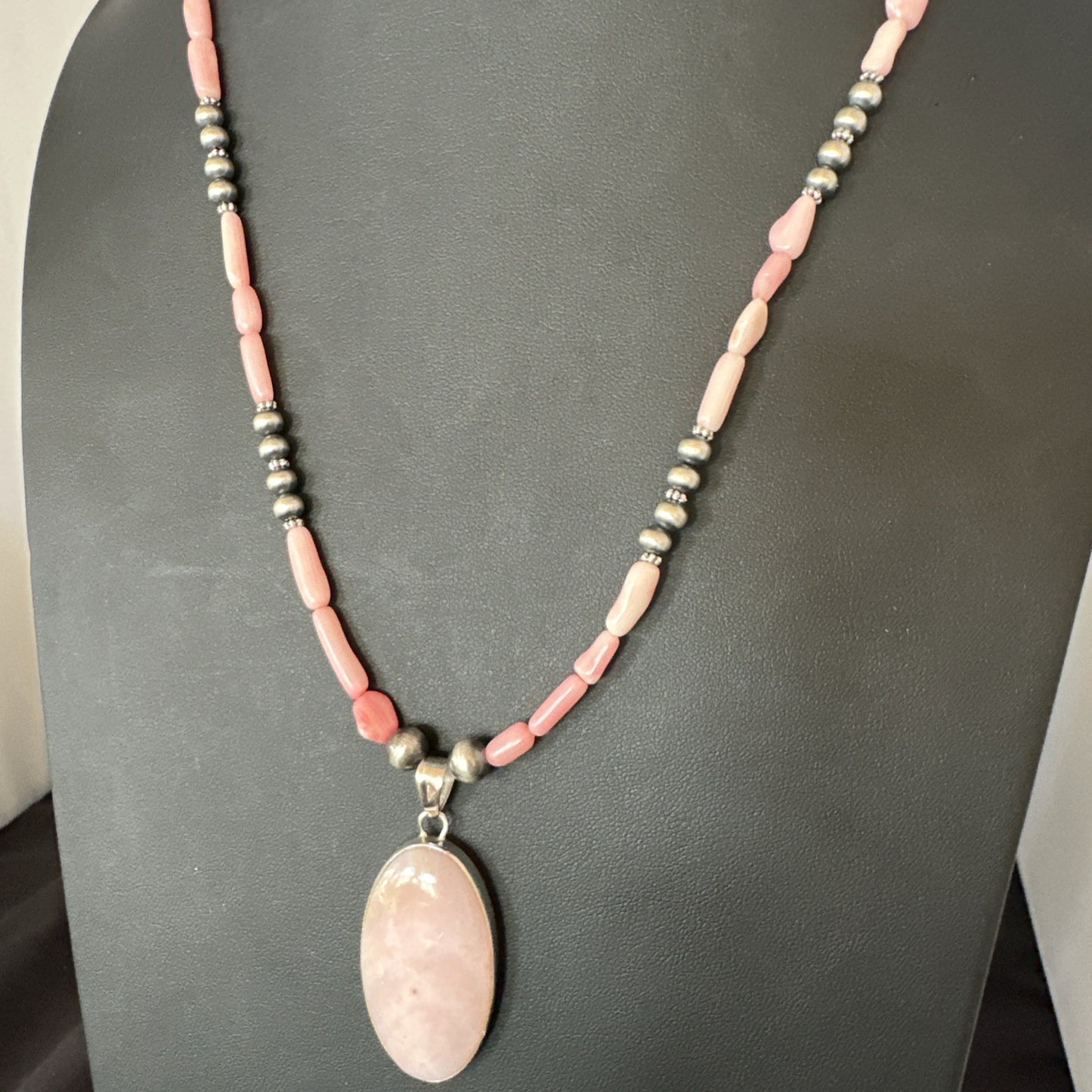 Southwestern Sterling Silver Pink Coral Bead Necklace Quartz Pendant 24" 19586