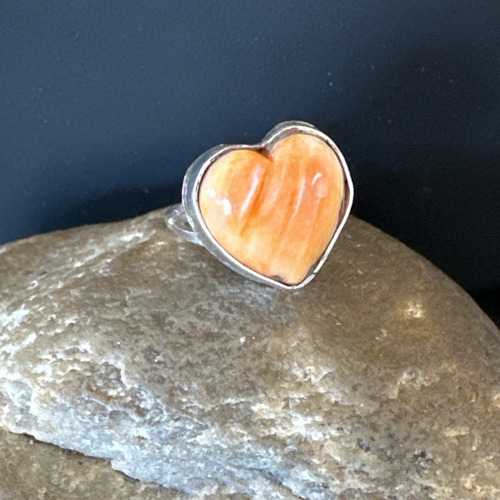 Orange Heart Ring Handmade Navajo Spiny Oyster Sterling Silver Sz 8 19326