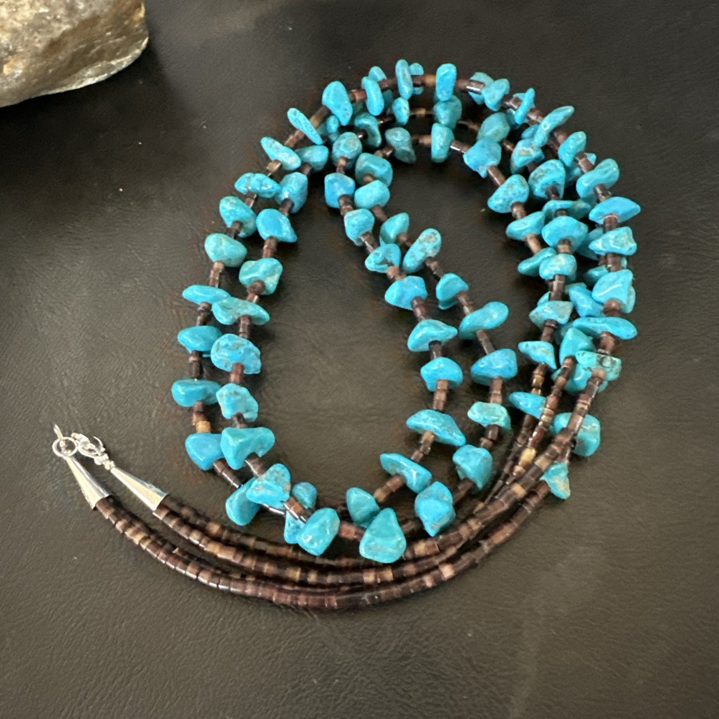 Santo Domingo Kingman Turquoise Heishi Sterling Silver Bead 30” Necklace 19553