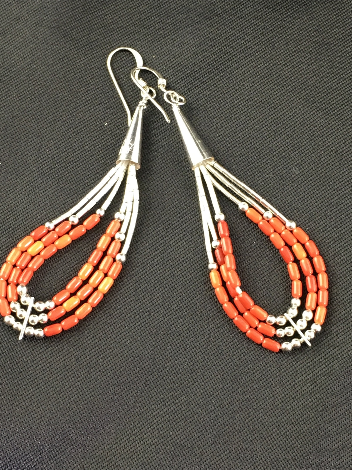 Red Coral 3 Strands Heishi Liquid Sterling Silver Dangle Earrings 1977