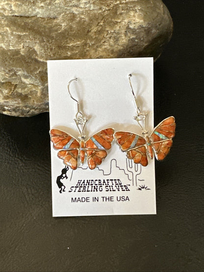 Butterfly Orange Spiny Oyster Opal Inlay Sterling Silver Dangle Earrings 18555