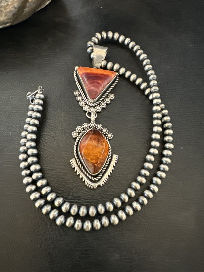 Multicolor Turquoise Spiny Navajo Sterling Silver Cluster Pendant Necklace 19684