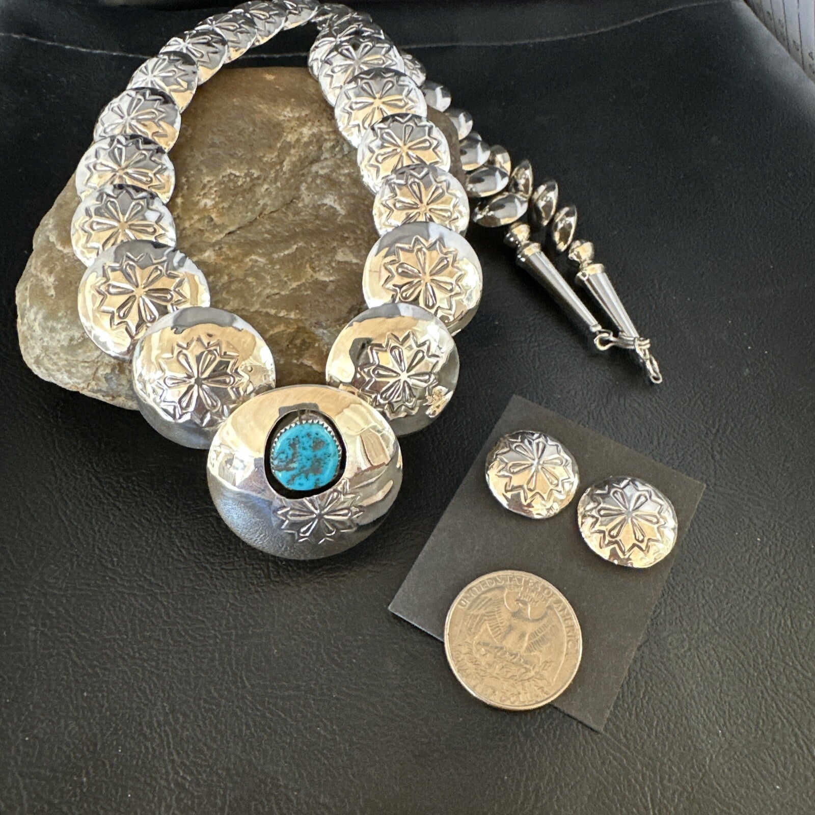 Native Navajo Sterling Silver Turquoise Pillow Stamped Bead Necklace 15132