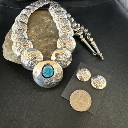 Native Navajo Sterling Silver Turquoise Pillow Stamped Bead Necklace 15132