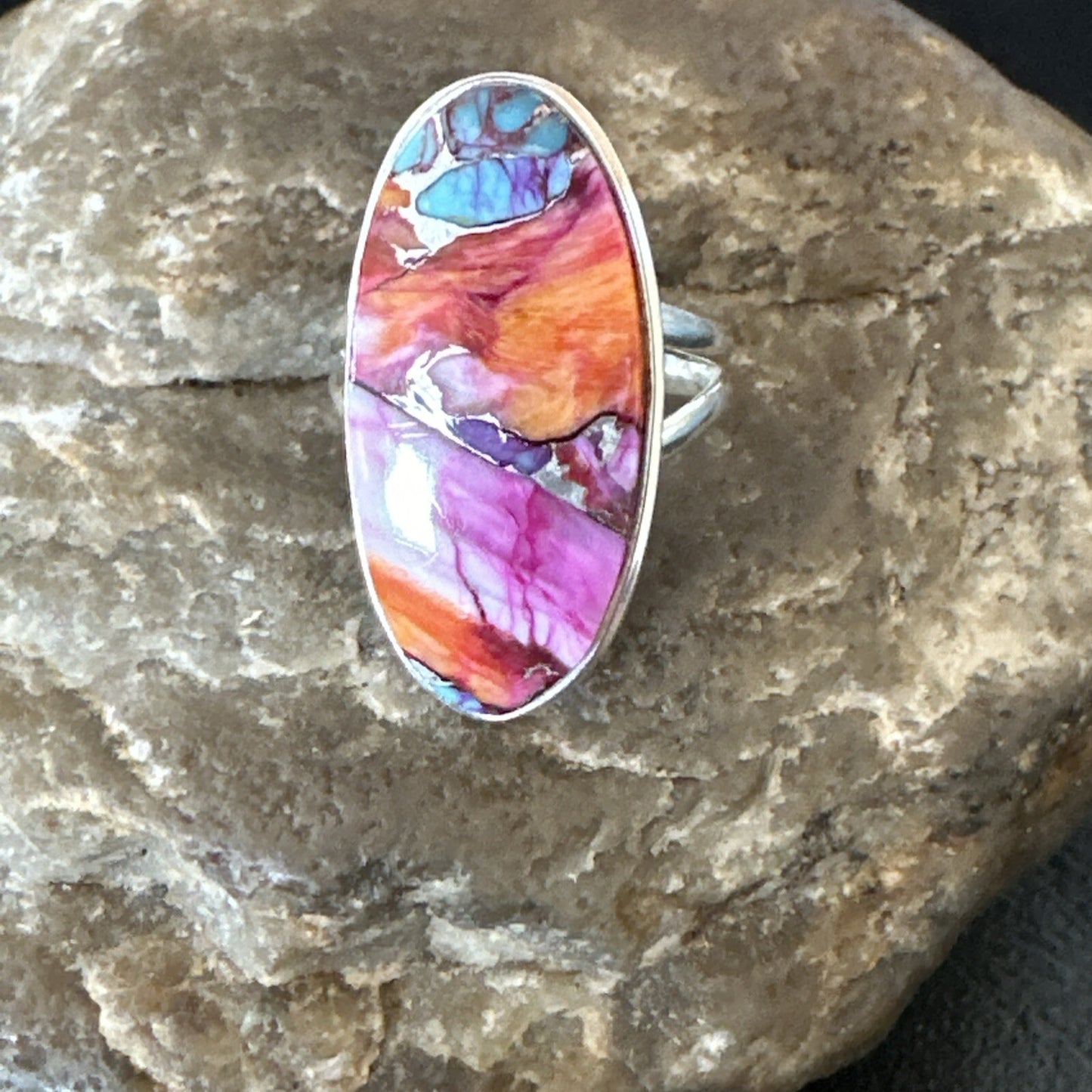 Blue Turquoise Spiny Oyster Southwestern Sterling Silver Ring Size 7 18493