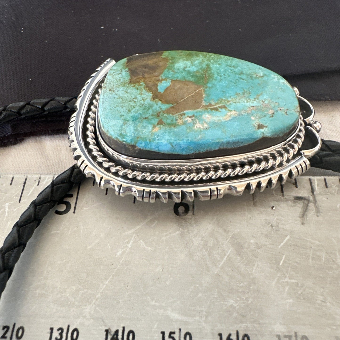 Native Mens Blue Green Royston Turquoise Bolo Tie Sterling Silver Navajo 19594