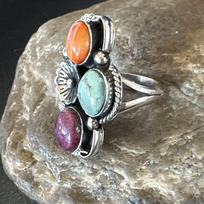 Multicolor Ring Turquoise Spiny Navajo Sterling Silver Cluster Size 6.5 19175