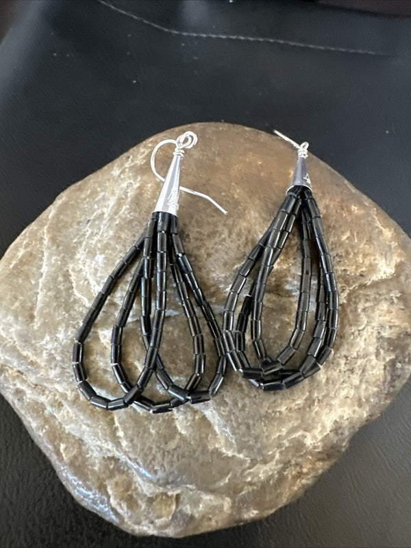 Black Onyx Heishi 3S Bead Southwestern Earrings 2" | Sterling Silver | Authentic Native American Handmade | 18197