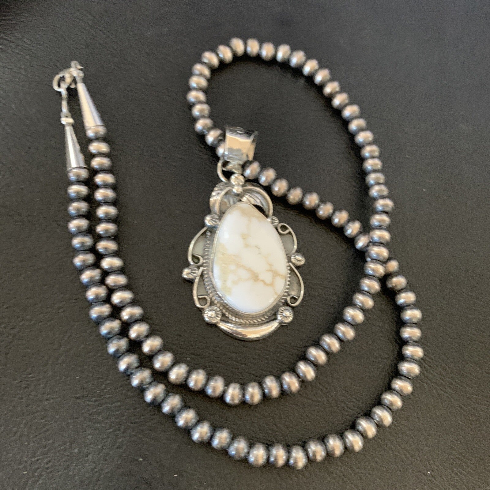 Men White Buffalo Turquoise Pendant Sterling Silver Beads Necklace 12665N