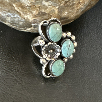 Yazzie Ring Green Turquoise Navajo Sterling Silver Cluster Size 8.5 19235