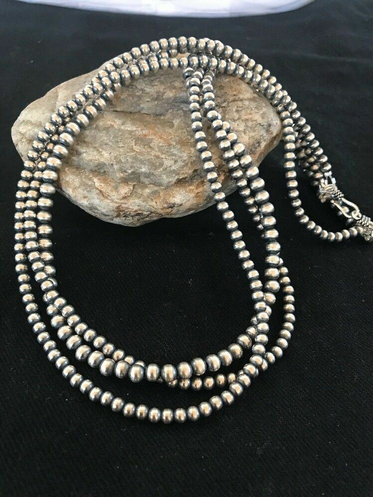 Native American 4, 5, 6 mm Sterling Silver Beads 3 Strand 36” Necklace