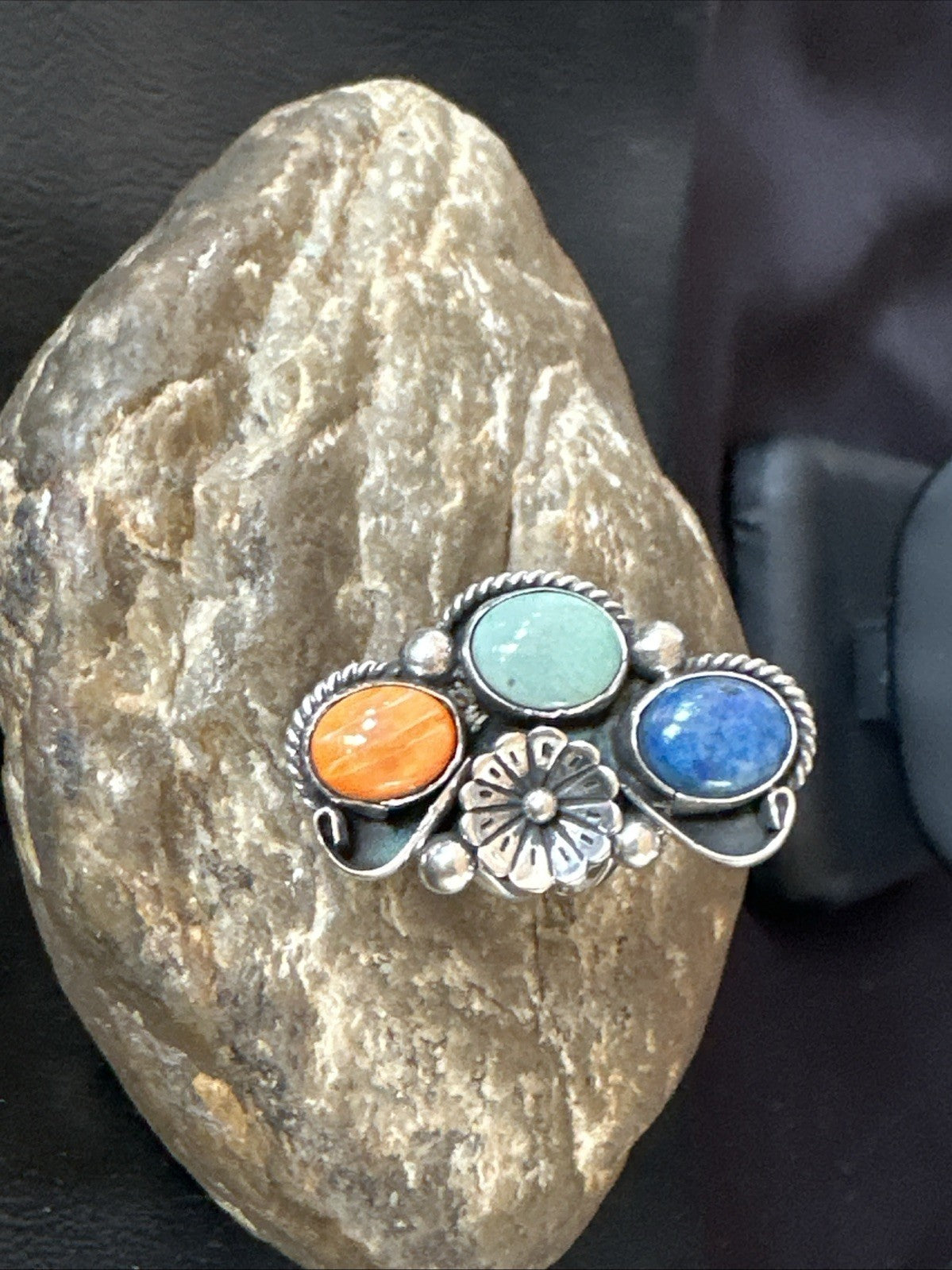 Multicolor Ring Turquoise Spiny Navajo Sterling Silver Cluster Size 8.5 19189