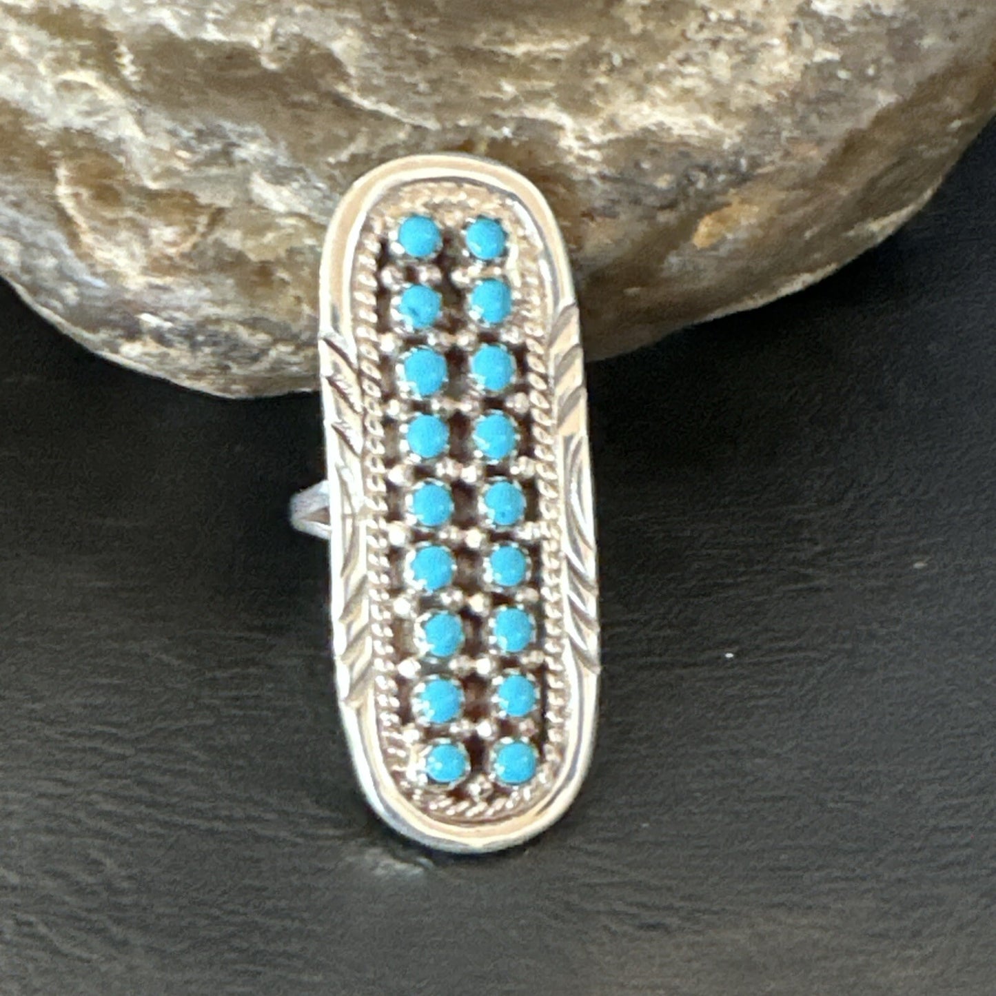 Blue Turquoise Zuni Sterling Silver Petite Point Cluster Ring Size 9 18791