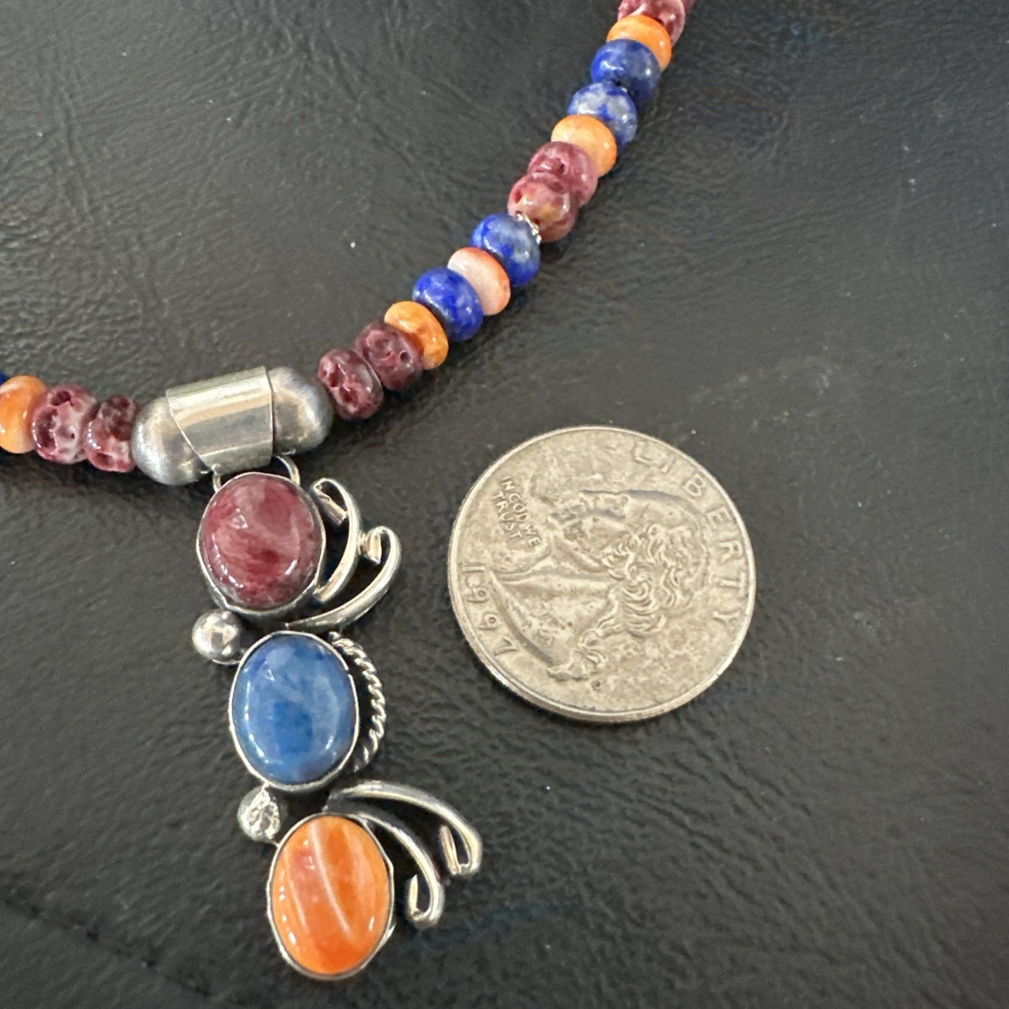 Multicolor Turquoise Spiny Navajo Sterling Silver Cluster Pendant Necklace 19639