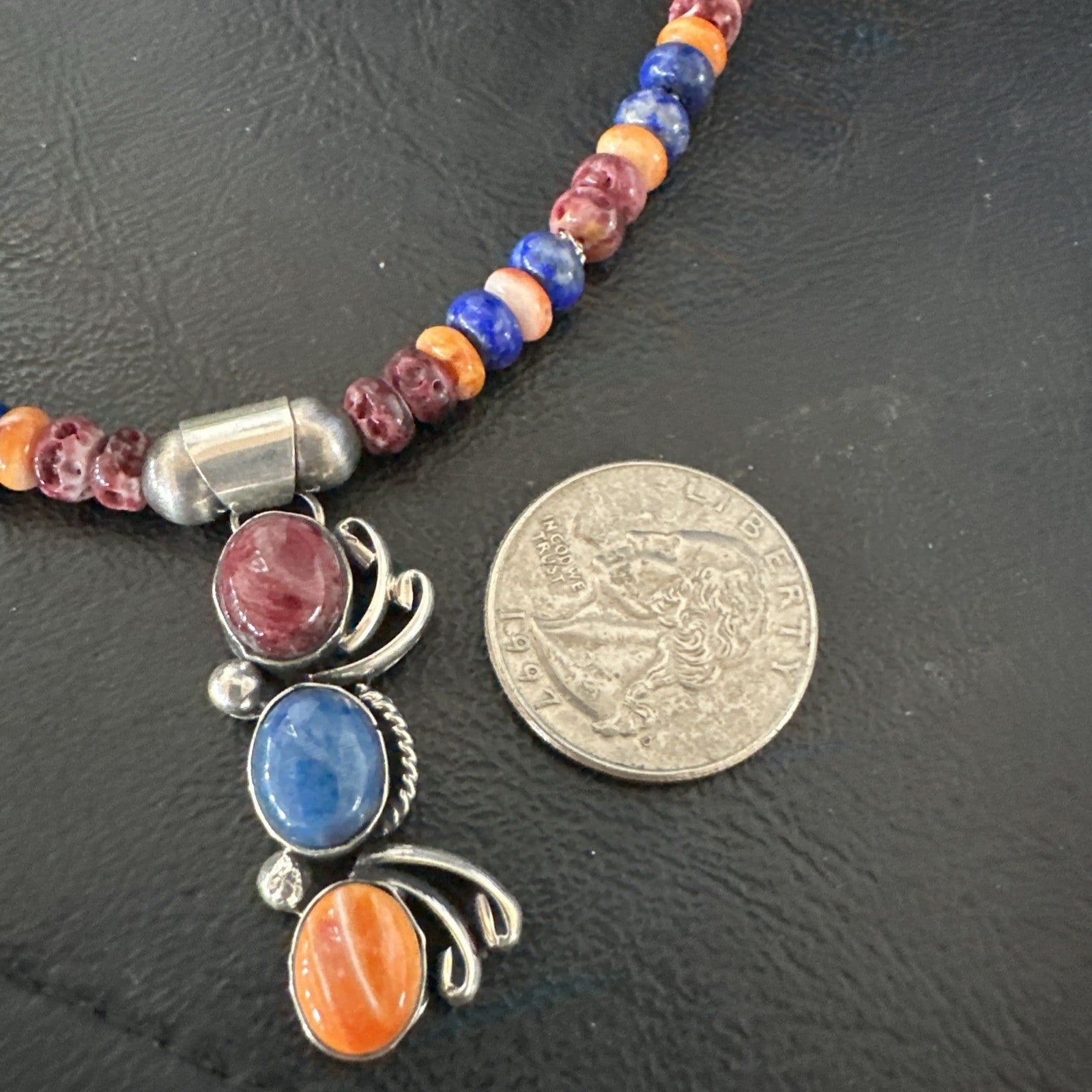 Multicolor Turquoise Spiny Navajo Sterling Silver Cluster Pendant Necklace 19639