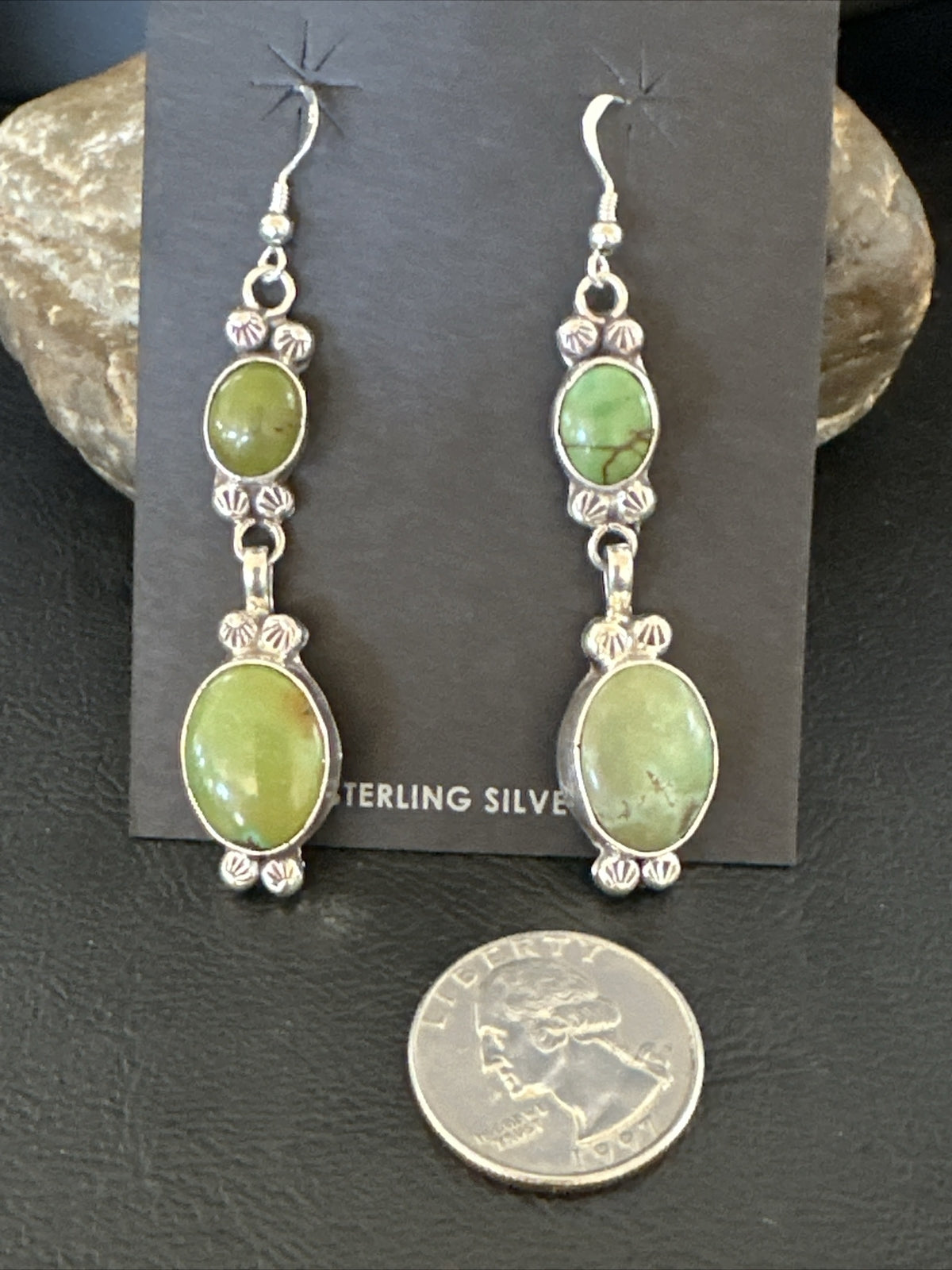Native Navajo Green Turquoise Sterling Silver Dangle Earrings 2” 17698