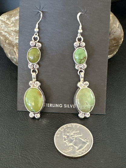 Native Navajo Green Turquoise Sterling Silver Dangle Earrings 2” 17698