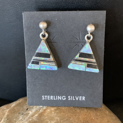 Womens Blue Opal & Black Onyx Inlay Navajo Sterling Silver Earrings 12781