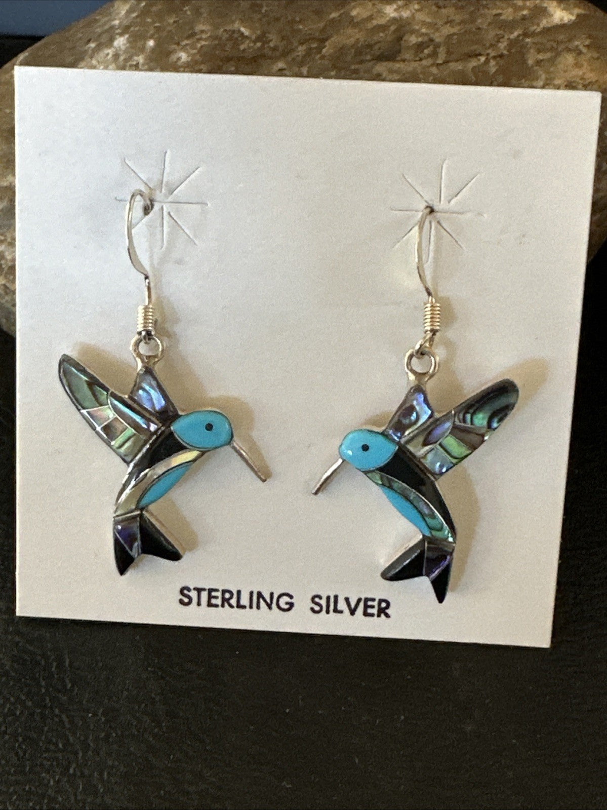 Blue Turquoise Pava Shell Sterling Silver Hummingbird Dangle Earrings 19814