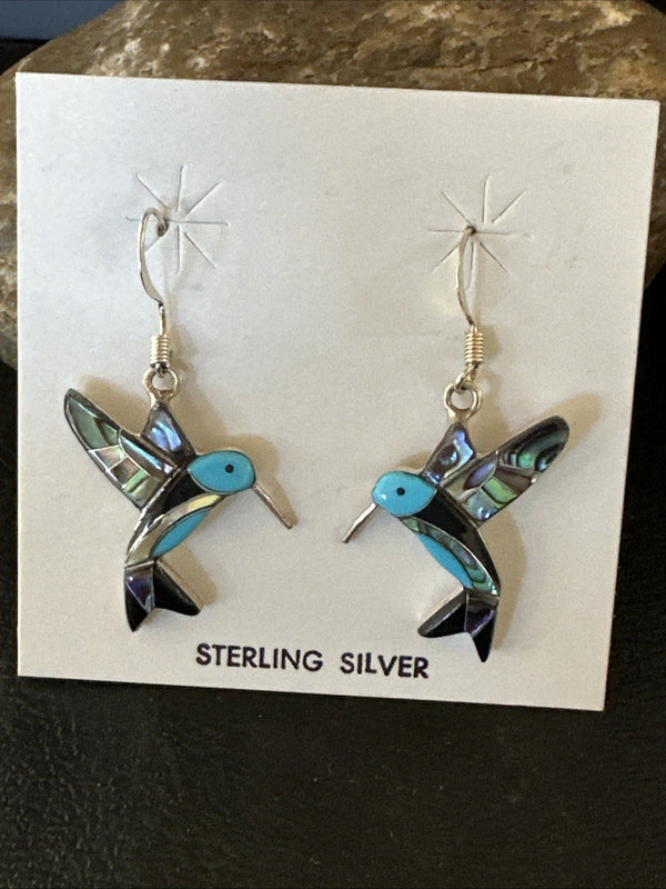 Blue Turquoise Pava Shell Hummingbird Dangle Earrings | Sterling Silver | Authentic Native American Handmade | 19814