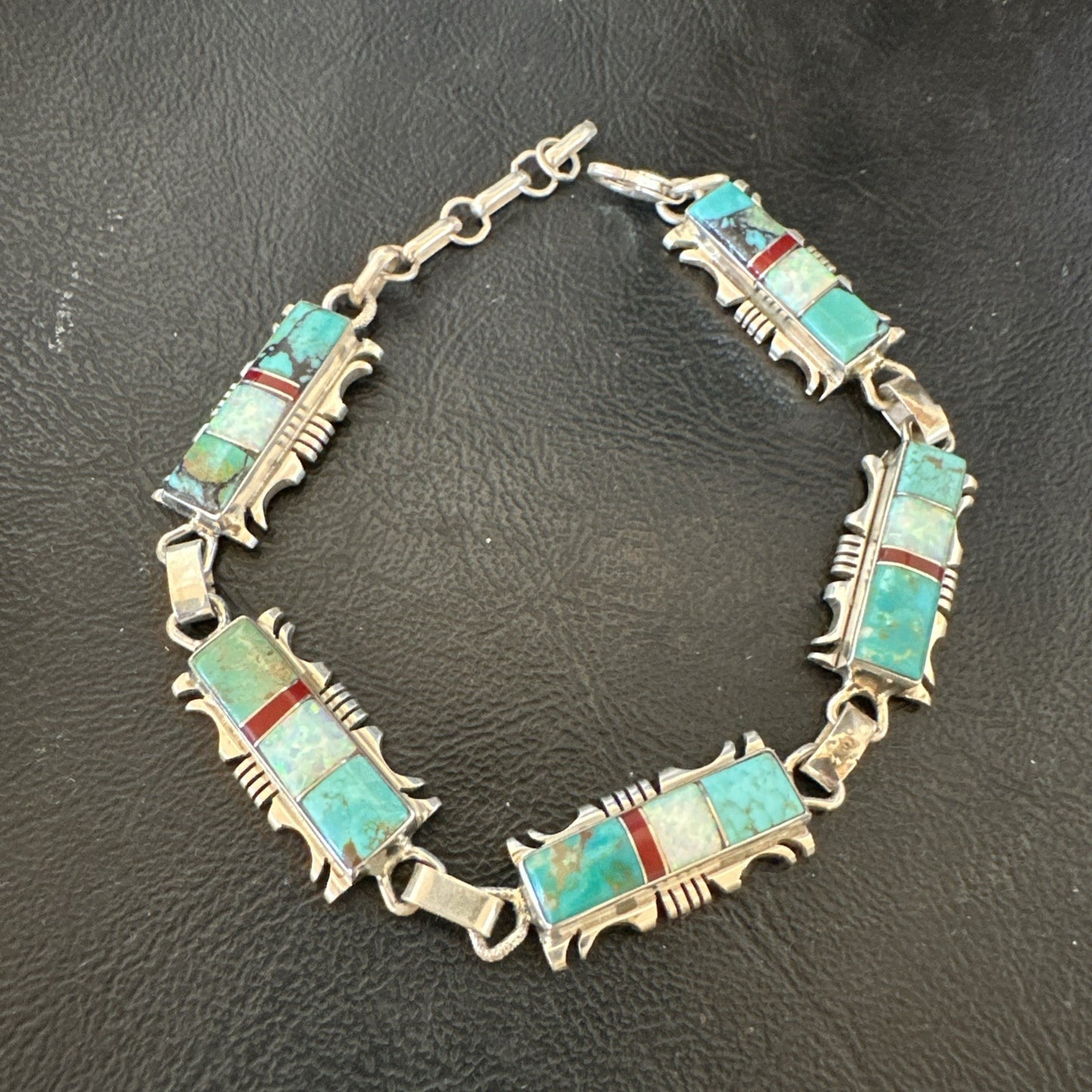 A Womens Blue Turquoise Opal Navajo Sterling Silver Link Bracelet 9" 19791